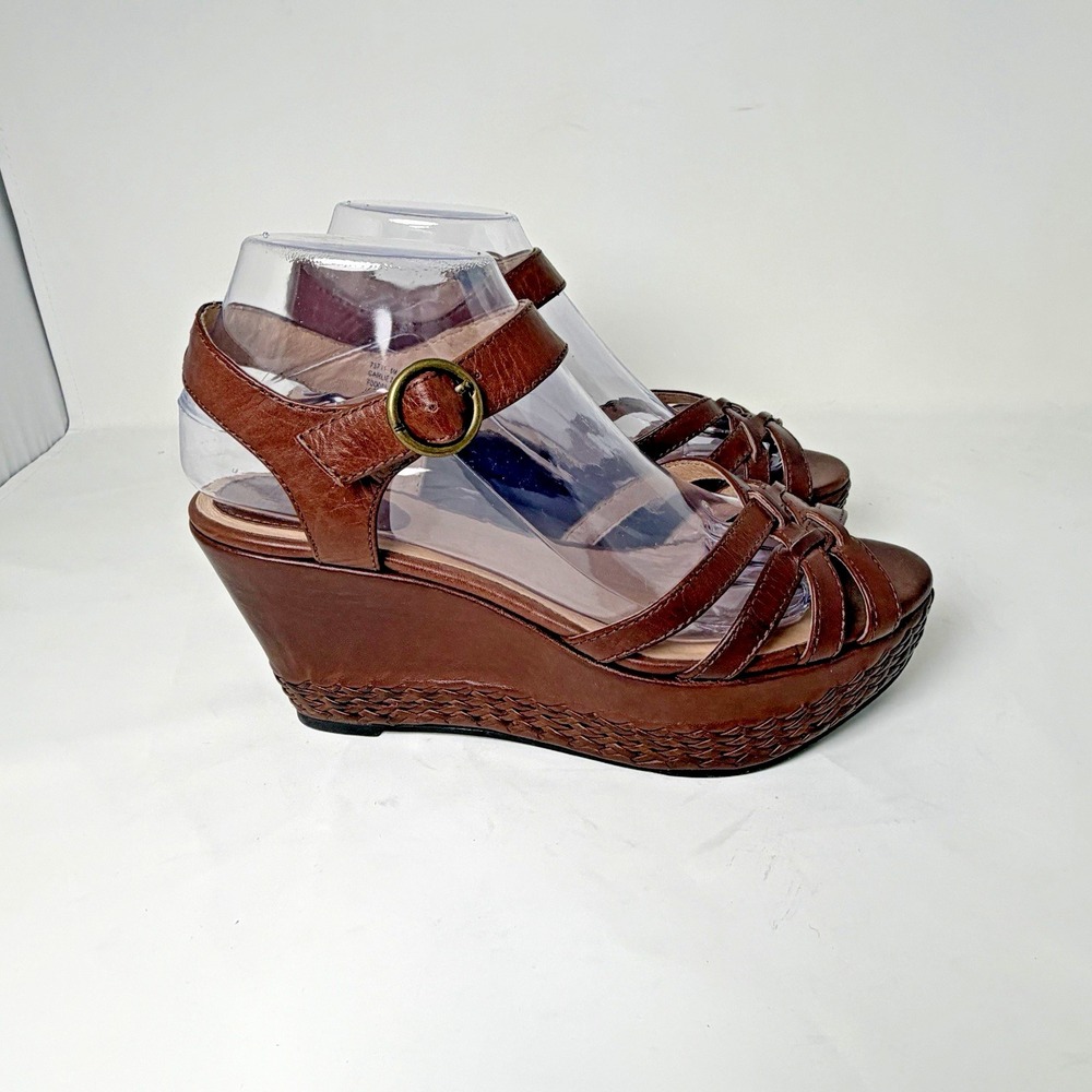 FRYE & CO CARLIE 2 PIECE LEATHER ANKLE STRAP BROWN PLATFORM WEDGE SANDALS 8M NWB - Picture 3 of 12